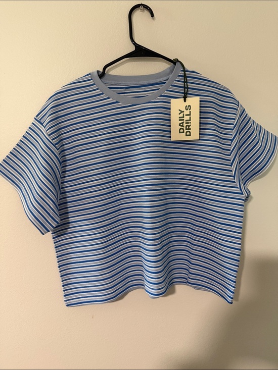 Daily Drills Tops - Daily Drills Ottoman Rib Relaxed Tee - Powder + Cobalt + Cream